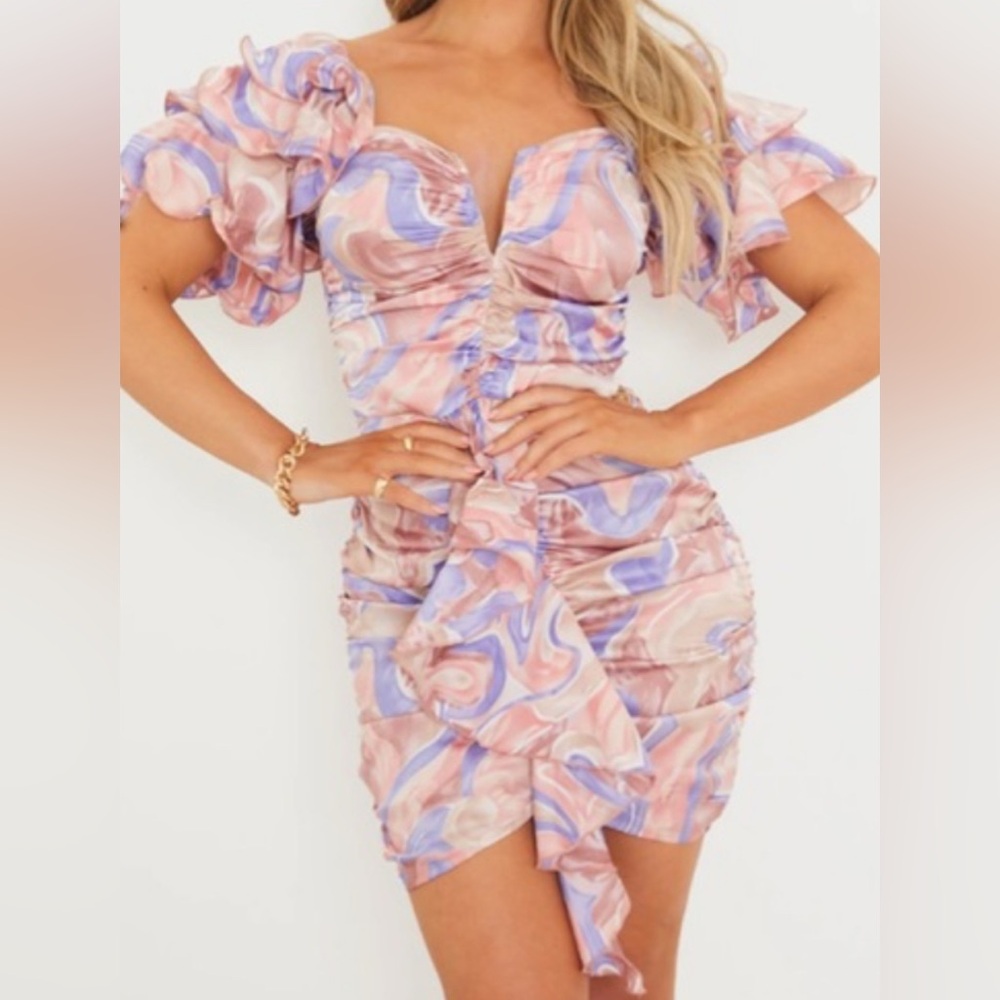NWT Pretty LittleThing Multi Swirl Print Frill Sleeve V Bar Bodycon Dress Sz 12